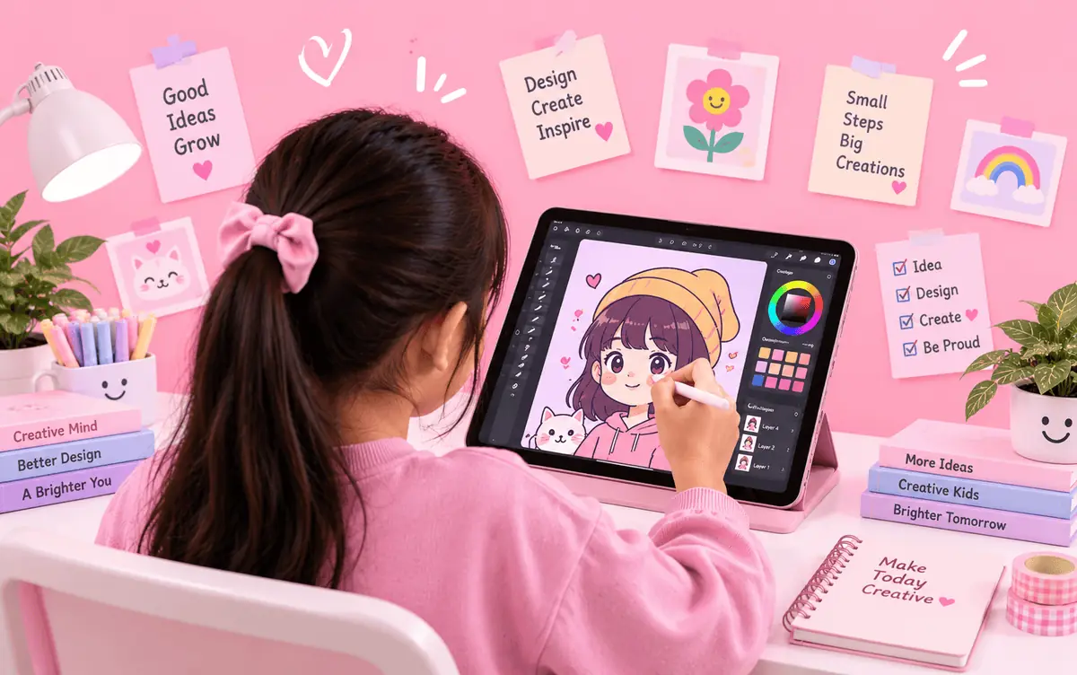 Peserta mendesain karakter di tablet